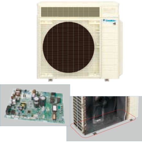 ダイキンの制御基板両面コーティング　底フレームに、ダイキンの船舶用エアコンと同じ高耐食メッキ鋼板を使用し、雨や雪などから室外機の頭脳を保護。